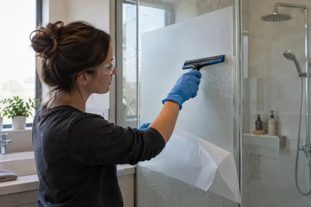 Installer smoothing frosted film onto a glass panel