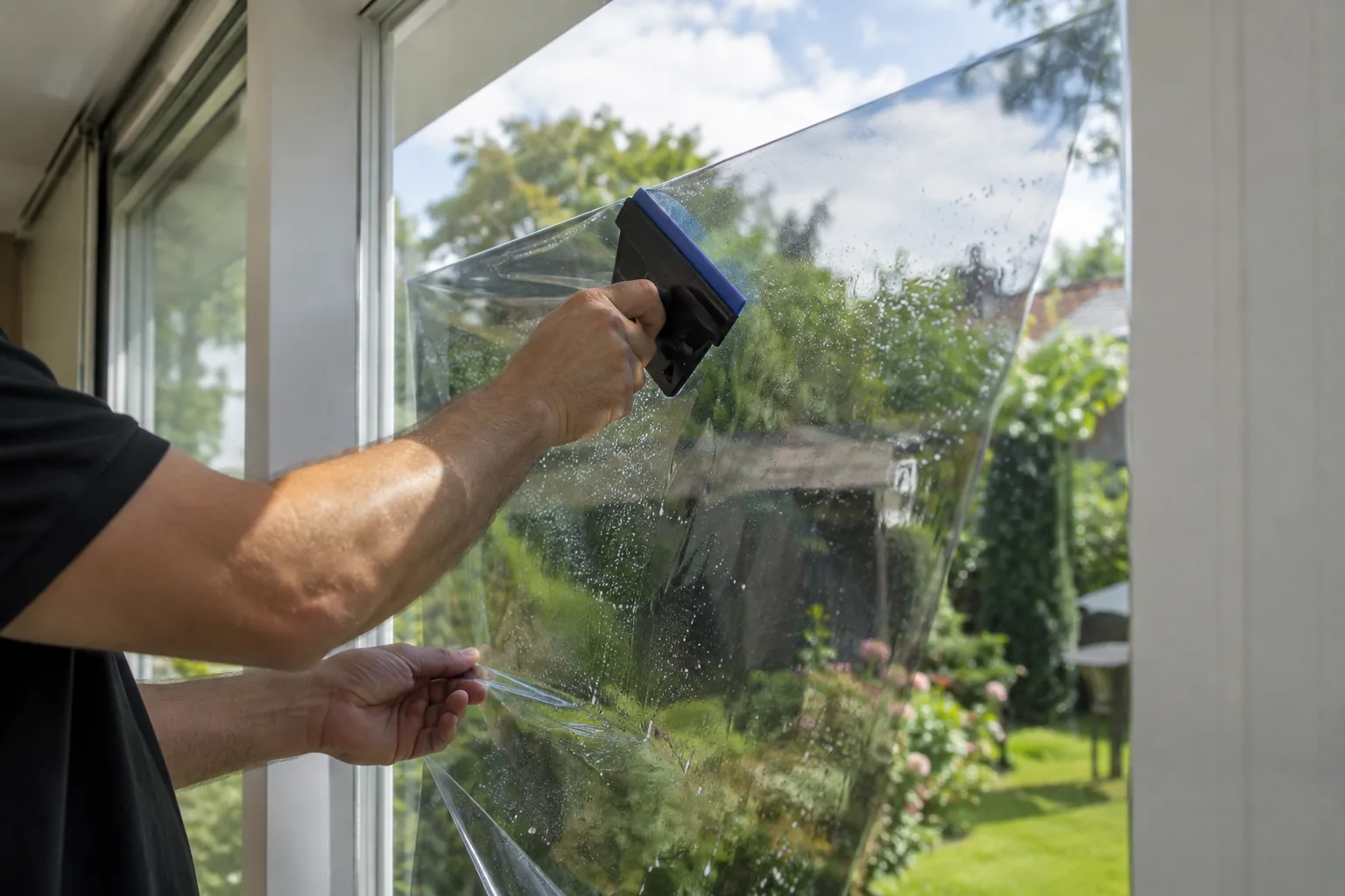 Close view of professional hands applying transparent solar control window film to a large clean residential window with a rubber squeegee, gentle reflections and garden beyond, realistic small water droplets and film edge, precise installation.