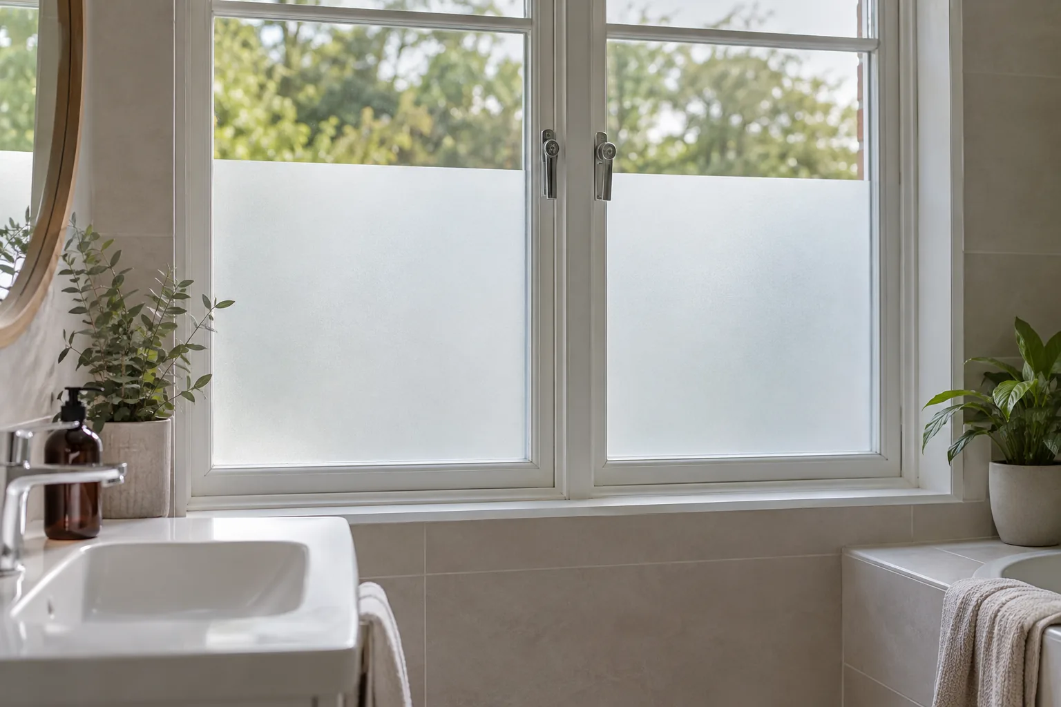 Elegant frosted privacy window film applied to the lower glass panes of a British bathroom window, soft daylight passing through opaque glass, upper clear pane showing only blurred greenery, neutral tiles and uncluttered bathroom.