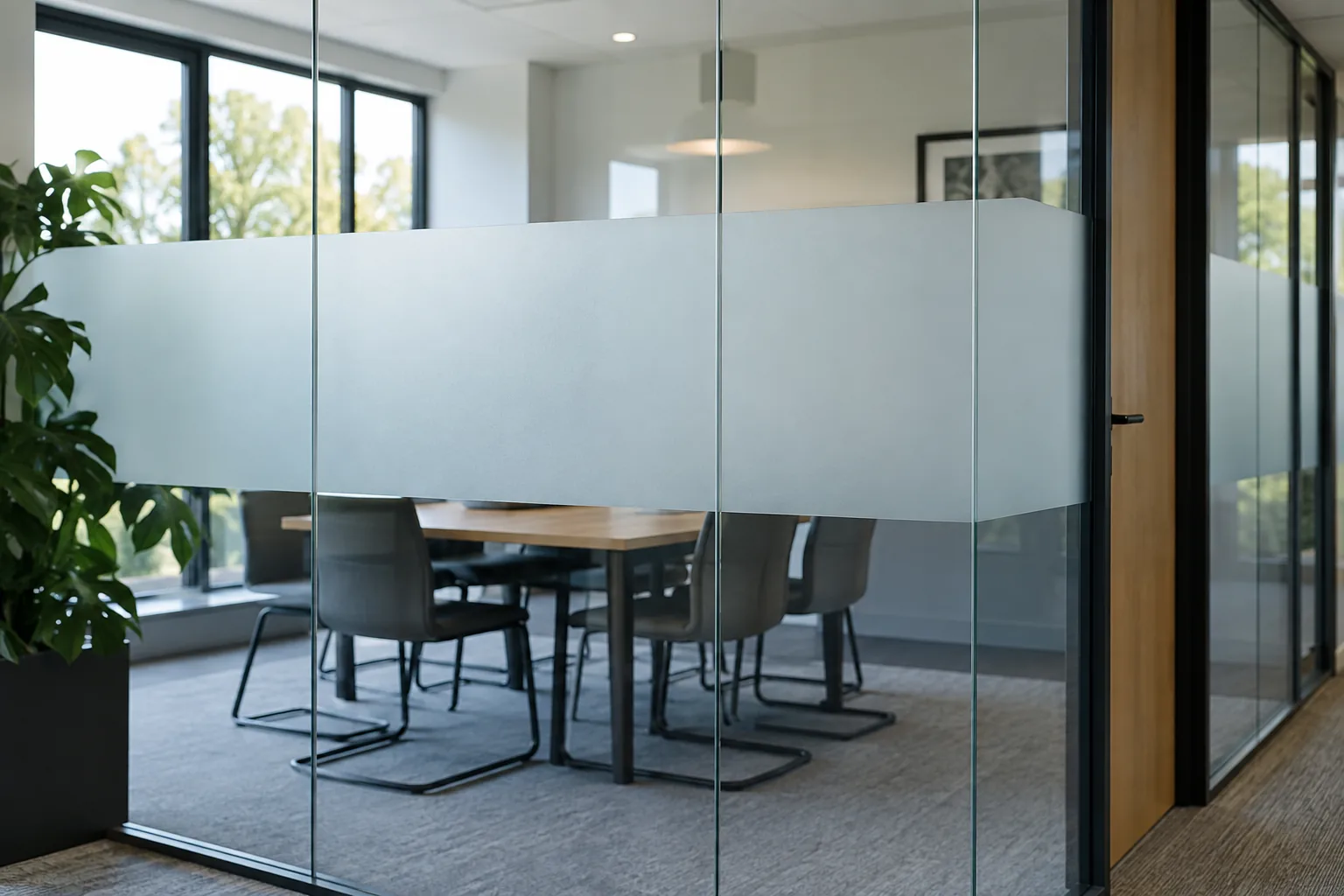 Modern modest British office with glass partition walls finished with an elegant broad band of frosted privacy film, visible clean film boundaries, meeting table subtly beyond glass, quiet natural daylight, no text or logos.