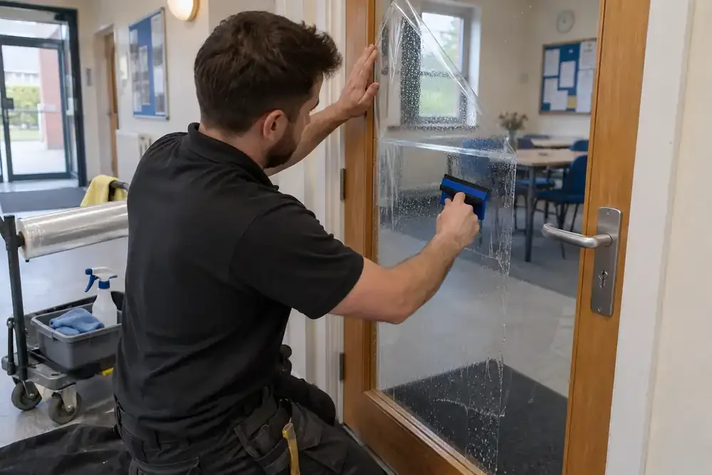 Installer applying clear film to a glazed door