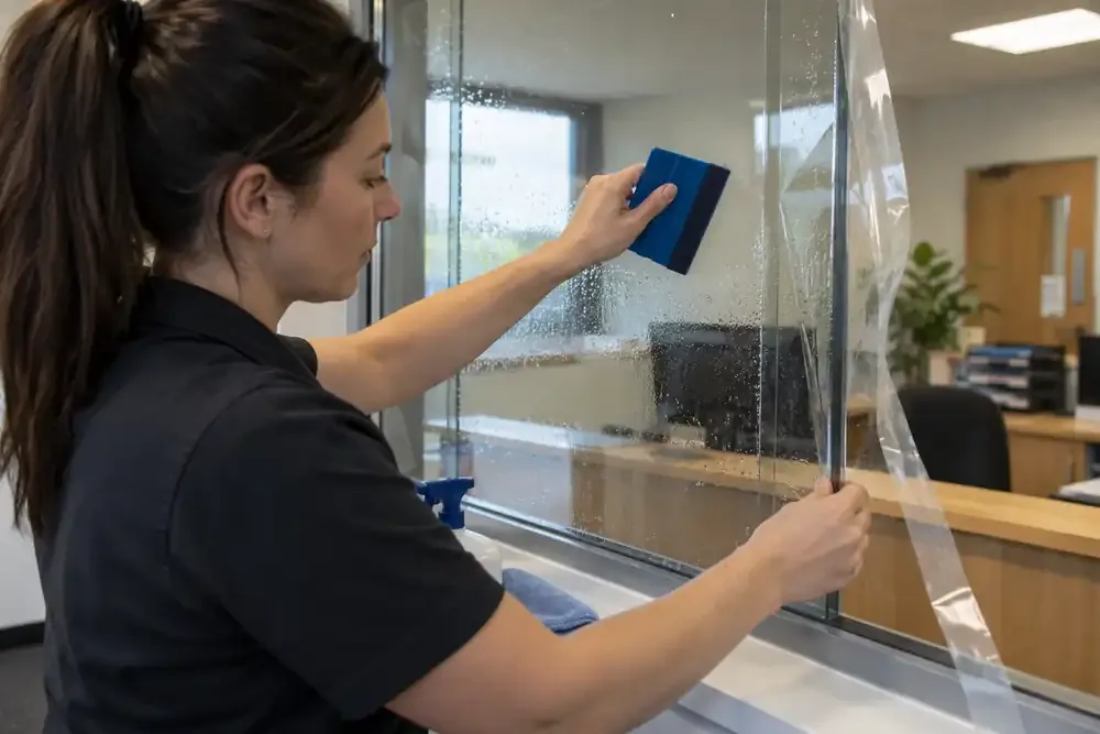 Installer smoothing a protective film on office glass