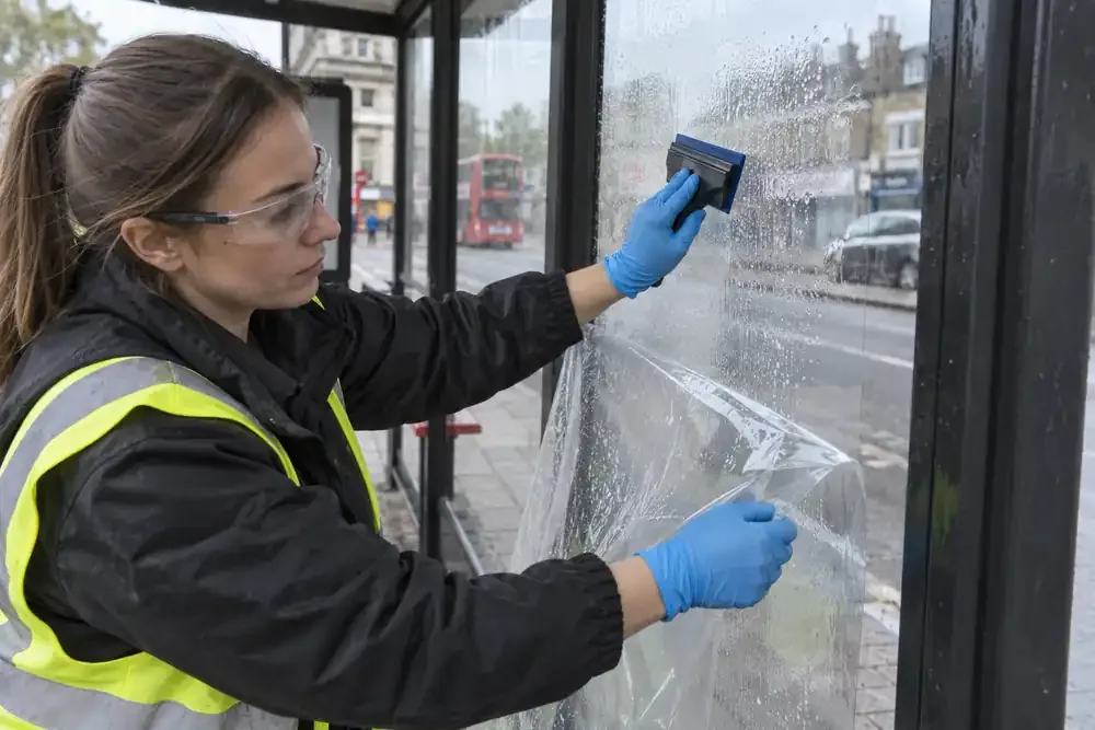 Specialist handling a clear film sheet beside glazing